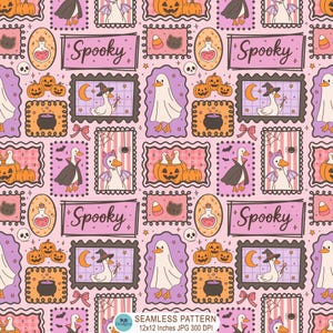 May include: A seamless pattern on a light pink background featuring repeating illustrations of ducks in Halloween costumes, pumpkins, cauldrons, potion bottles, and the word Spooky. The design includes framed vignettes, bats, spiders, and skulls.