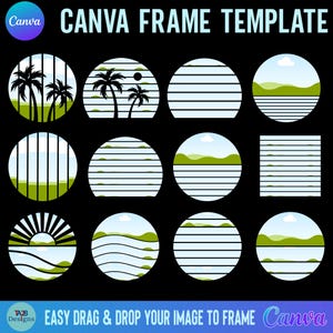 Op de afbeelding: Een set van 12 Canva-frame sjablonen met verschillende ontwerpen op een zwarte achtergrond. De frames bevatten palmbomen, strepen, golven en heuvels. De tekst "EASY DRAG & DROP YOUR IMAGE TO FRAME Canva" staat onderaan de afbeelding.