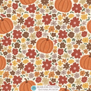 Fall Autumn Ditsy Floral Pumpkin Seamless Pattern, Autumn Flower Digital Paper Scrapbook, Fall Repeating Pattern Fabric, JPG Download Print