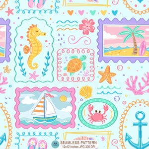 Sommarstrand lapptäcke sömlöst mönster, tropiskt rammönster, kustnära sömlös fil, strandstämplar digitalt papper, havsmönstertyg, JPG