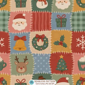 Puede incluir: Un patrón digital sin costuras que presenta un diseño de colcha de retazos con varios iconos navideños, incluyendo a Santa Claus, renos, muñecos de nieve, coronas, campanas, regalos y árboles en tonos rojos, verdes, azules y amarillos con costuras blancas.