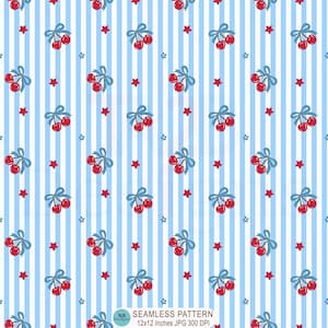Puede incluir: Patrón sin costuras con cerezas rojas con lazos azules y estrellas rojas sobre un fondo a rayas azules y blancas. El texto "SEAMLESS PATTERN 12x12 inches JPG 300 DPI" está en la parte inferior.
