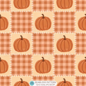 May include: A seamless digital pattern featuring a repeating grid of orange pumpkins and light orange gingham squares. Each square is outlined with white dashed lines resembling stitching. The text at the bottom reads TAB DESIGNS SEAMLESS PATTERN 12x12 Inches JPG 300 DPI.