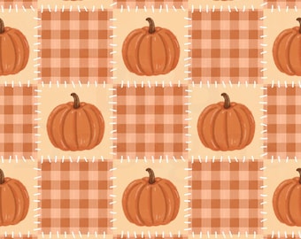 May include: A seamless digital pattern featuring a repeating grid of orange pumpkins and light orange gingham squares. Each square is outlined with white dashed lines resembling stitching. The text at the bottom reads TAB DESIGNS SEAMLESS PATTERN 12x12 Inches JPG 300 DPI.