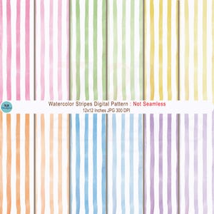 May include: A digital pattern featuring vertical watercolor stripes in pink, green, yellow, orange, blue, and purple. The text reads: Watercolor Stripes Digital Pattern : Not Seamless 12x12 Inches JPG 300 DPI. The design includes a small circular logo.