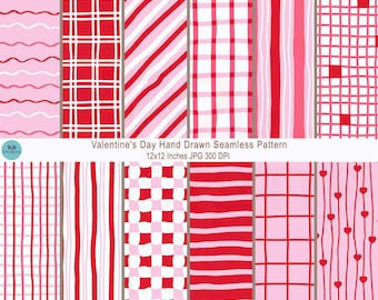May include: A collection of Valentine's Day hand-drawn seamless patterns in red and pink. The patterns include wavy lines, grids, stripes, and hearts. The text reads "Valentine's Day Hand Drawn Seamless Pattern 12x12 Inches JPG 300 DPI".