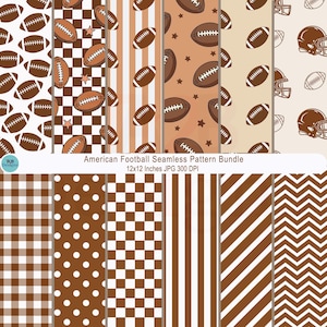 Op de afbeelding: Een digitale bundel met naadloze patronen van American footballs, helmen en sterren in bruin, beige en wit. De collectie bevat diverse geometrische ontwerpen zoals ruiten, strepen, stippen, gingham en chevronpatronen.