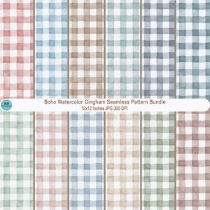 Pode incluir: Uma coleção digital de doze padrões de xadrez vichy sem costuras com texturas de aguarela em vários tons suaves, incluindo rosa, azul, castanho, verde e cinzento. O texto diz Boho Watercolor Gingham Seamless Pattern Bundle 12x12 Inches JPG 300 DPI.