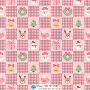 Puede incluir: Un patrón digital sin costuras con una cuadrícula de cuadrados alternos. Un conjunto de cuadrados muestra un patrón de cuadros vichy rosa y verde. El otro conjunto presenta iconos navideños que incluyen a Santa, renos, muñecos de nieve y regalos.