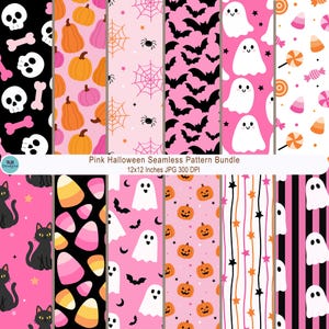 May include: A digital bundle of twelve seamless patterns featuring Halloween motifs in pink, black, white, and orange. Designs include skulls, bones, pumpkins, spiderwebs, spiders, bats, ghosts, candy corn, lollipops, and black cats. Text reads: Pink Halloween Seamless Pattern Bundle 12x12 Inches JPG 300 DPI.