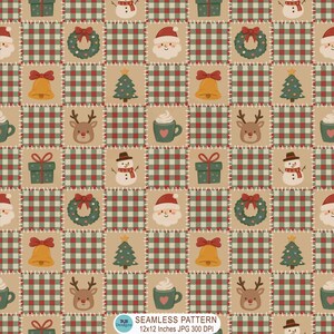 May include: A seamless digital pattern featuring a patchwork grid of alternating squares. One set of squares displays a red and green buffalo plaid, while the other set features various Christmas icons including Santa, reindeer, bells, and gifts.