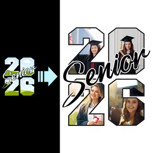 May include: A graphic design for a graduation celebration. The design features the word "Senior" in a script font, with the numbers "26" and photos of graduating students. The background is black and white.