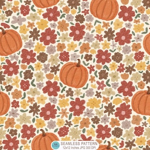 Fall Autumn Ditsy Floral Pumpkin Seamless Pattern, Autumn Flower Digital Paper Scrapbook, Fall Repeating Pattern Fabric, JPG Download Print