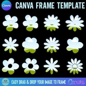 May include: A set of 10 flower-shaped frames with a sky and grass background. The frames are in various styles and can be used to create unique designs in Canva.