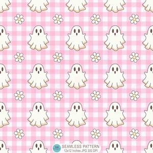 May include: A seamless pattern featuring white cartoon ghosts with surprised expressions and small white flowers with yellow centres arranged on a light pink and white checkered background. Text at the bottom reads SEAMLESS PATTERN 12x12 Inches JPG 300 DPI.