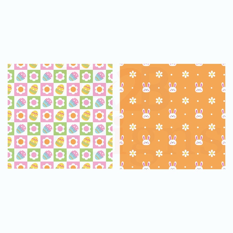 May include: Two Easter-themed patterns. One features a checkerboard design with pastel eggs and flowers on a white, green, and pink background. The other has a repeating pattern of white bunny faces and flowers on an orange background.