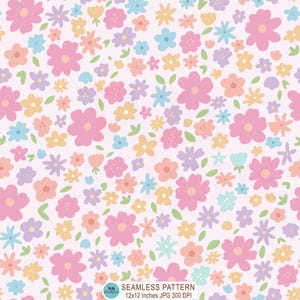 May include: A seamless floral pattern in pastel colours. The design features a variety of flowers in pink, yellow, blue, orange, and purple, with green leaves, on a light pink backdrop. The text "SEAMLESS PATTERN 12x12 inches JPG 300 DPI" is at the bottom.