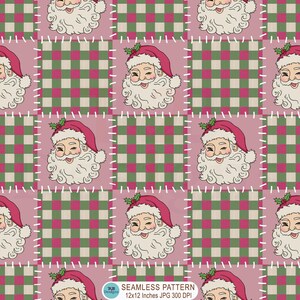 May include: A seamless digital pattern featuring a repeating grid of Santa Claus faces with white beards and red hats, alternating with squares of a pink, green, and white checkered pattern. The text TAB Designs Seamless Pattern 12x12 Inches JPG 300 DPI is visible.