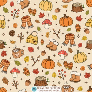May include: A seamless pattern featuring autumn-themed illustrations on a light beige background. The design includes orange pumpkins, red-capped mushrooms, brown tree stumps, plaid scarves, winter boots, mittens, acorns, and leaves.