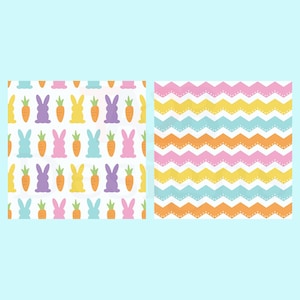 May include: Two Easter-themed patterns. One features bunnies in purple, yellow, pink, and blue with orange carrots on a white background. The other has a chevron design in pink, yellow, orange, and blue with white dotted lines.