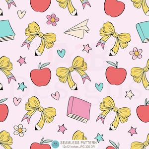 May include: Seamless pattern with school-themed illustrations. It features yellow pencil bows, red apples, pink books, paper aeroplanes, flowers, hearts, and stars on a light pink background. The pattern is 30.5x30.5 cm.