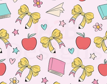 Coquette Teacher Seamless Pattern, Back to School Pencil Bow (Digital Papers)