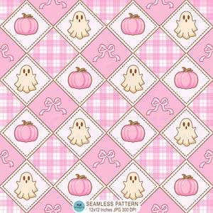 Nahtloses Kürbis-Geister-Muster, Nahtloses Patchwork-Stoffmuster in Kokettrosa für Halloween, Nahtlose Geisterdateien, Digitales Kürbispapier, JPG
