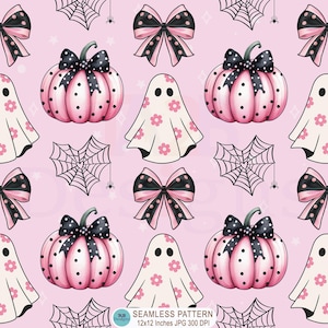 Adrettes rosa Halloween-Muster Nahtlos, gruseliger Geist-Kürbis-Nahtloses Muster, Kokette Halloween-Digital-Papiere, Spinnweben-Bögen, die sich wiederholen