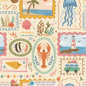 Preppy sommar sömlöst mönster, tropiska stämplar digitalt papper, sommarstrand sömlös fil, havskust upprepat mönster, havstygdesign
