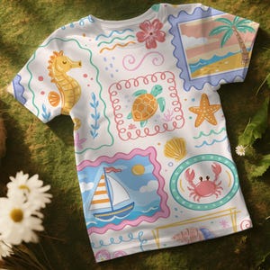 May include: A white short-sleeve t-shirt featuring a colorful all-over print of various nautical and beach-themed illustrations, including a seahorse, a sea turtle, a sailboat, a crab, a starfish, seashells, and a palm tree on a beach scene.
