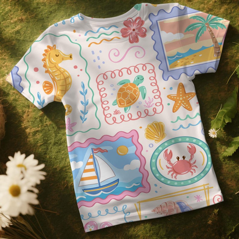 May include: A white short-sleeve t-shirt featuring a colorful all-over print of various nautical and beach-themed illustrations, including a seahorse, a sea turtle, a sailboat, a crab, a starfish, seashells, and a palm tree on a beach scene.