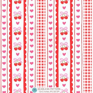 Puede incluir: Patrón sin costuras con rayas verticales de cerezas rojas con lazos rosas, corazones rosas y cuadros vichy rojos sobre fondo blanco. El texto "SEAMLESS PATTERN 12x12 Inches JPG 300 DPI" está en la parte inferior.