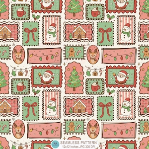 May include: A seamless pattern featuring festive Christmas illustrations including Santa Claus, snowmen, reindeer, gingerbread houses, Christmas trees, red bows, and mugs of cocoa. The design includes strings of lights and candy canes on a cream background.