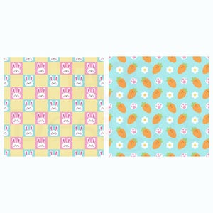 May include: Two seamless patterns. One features a repeating pattern of bunny faces in pink and white squares on a yellow background. The other has orange carrots, white flowers, and paw prints on a light blue background.