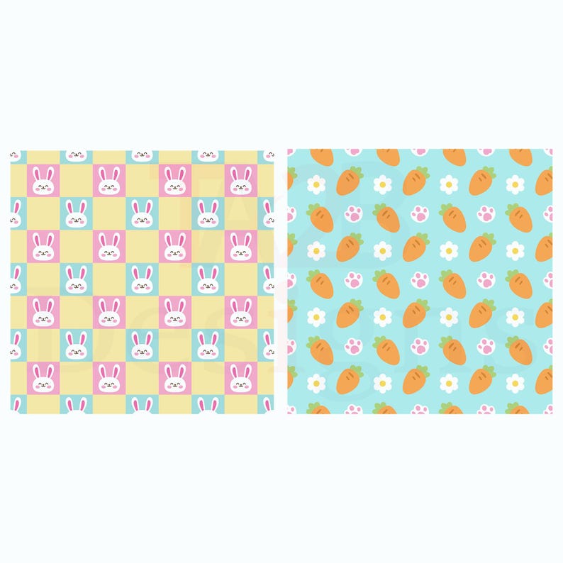May include: Two seamless patterns. One features a repeating pattern of bunny faces in pink and white squares on a yellow background. The other has orange carrots, white flowers, and paw prints on a light blue background.