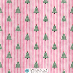 May include: A seamless digital pattern featuring hand-drawn green Christmas trees with red star toppers arranged in vertical rows against a background of light pink and white wavy stripes. Text at the bottom reads: TA2B DESIGNS SEAMLESS PATTERN 12x12 Inches JPG 300 DPI.
