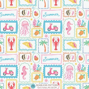 Pastellfärgade strandlapptäcke sömlösa mönster, preppy sommarhavskust sömlös fil, tropiska stämplar digitalt papper, kustrepetitionsmönster, JPG