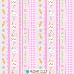 Peut inclure: Motif de Pâques sans couture avec des rayures verticales. Le motif présente des lapins, des carottes, des œufs de Pâques et des carreaux vichy roses, lavande et verts. Le texte en bas indique "SEAMLESS PATTERN 12x12 Inches JPG 300 DPI."