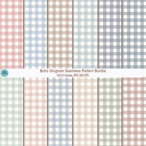 Könnte beinhalten: Eine digitale Sammlung von zwölf nahtlosen Vichy-Karomustern in verschiedenen gedeckten Pastellfarben wie Rosa, Blau, Beige, Salbei und Lavendel. Ein weißes horizontales Banner zeigt den Text Boho Gingham Seamless Pattern Bundle 12x12 Inches JPG 300 DPI.