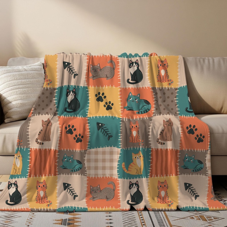 Retro Cat Patchwork Seamless Pattern, Digital Fabric Design (JPG 300 DPI) image 3