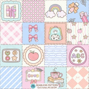 Op de afbeelding: Een naadloos digitaal patroon met een raster van pastelkleurige vierkanten met illustraties van boeken, regenbogen, potloden met strikken, rugzakken, appels, koekjes, hartjes, ABC-letters, afstudeerhoeden en koffiekopjes op boeken.