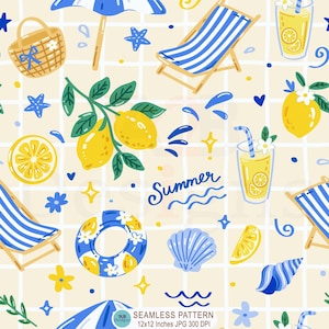 Peut inclure: Un motif répétitif sur fond quadrillé crème clair avec des icônes estivales : chaises de plage à rayures bleues et blanches, citrons jaunes, verres de limonade avec pailles, parasols bleus, coquillages et le mot Summer écrit en bleu.