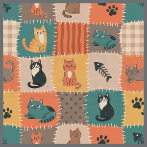 May include: A patchwork fabric pattern featuring various cats, fish bones, and paw prints in squares of teal, orange, tan, and brown. The design includes orange tabby cats, black and white cats, and blue-grey cats, all outlined with white stitches.