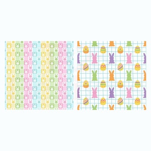 May include: Two Easter-themed patterns. The left pattern features a checkerboard design with bunny silhouettes in pastel colors. The right pattern displays Easter eggs and bunnies on a grid background. The color palette includes pink, green, yellow, and purple.
