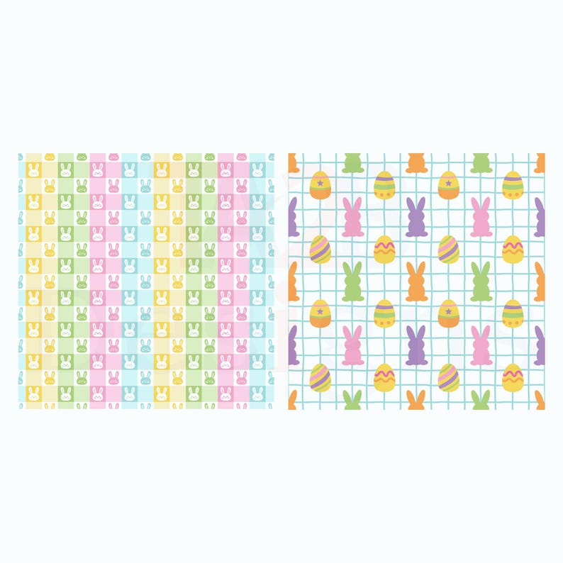 May include: Two Easter-themed patterns. The left pattern features a checkerboard design with bunny silhouettes in pastel colors. The right pattern displays Easter eggs and bunnies on a grid background. The color palette includes pink, green, yellow, and purple.