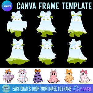 Könnte beinhalten: Eine Canva-Rahmenvorlage mit Cartoon-Geister-Illustrationen. Die Geister haben Schleifen und sind in verschiedenen Farben, darunter Blau, Lila, Rosa und Orange. Der Text "CANVA FRAME TEMPLATE" und "EASY DRAG & DROP YOUR IMAGE TO FRAME" sind ebenfalls vorhanden.