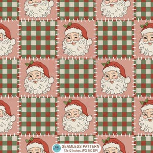 May include: A seamless digital pattern featuring alternating squares of a winking Santa Claus face with a red hat and holly, and a red and green buffalo plaid design. The Santa squares have a dusty pink background and white stitched borders.
