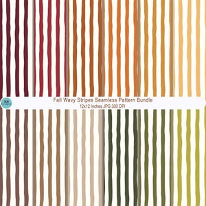 Puede incluir: Un gráfico digital con rayas verticales onduladas en varios colores otoñales, incluyendo rojo oscuro, naranja, amarillo, marrón y verde oliva sobre un fondo blanco. El texto dice Fall Wavy Stripes Seamless Pattern Bundle 12x12 Inches JPG 300 DPI.