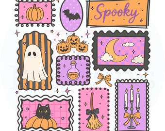 May include: A collection of Halloween-themed illustrations featuring a pumpkin, a bat, a sign reading Spooky, a ghost, jack-o'-lanterns, a crescent moon, a potion bottle, a bow, a black cat in a pumpkin, a broom, and a candelabra in various frames.