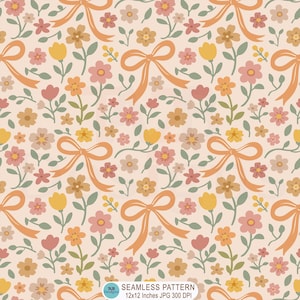 May include: A seamless digital pattern on a light cream background featuring repeating illustrations of orange ribbons tied in bows, interspersed with small flowers in shades of yellow, pink, and muted orange, along with green leaves and stems.